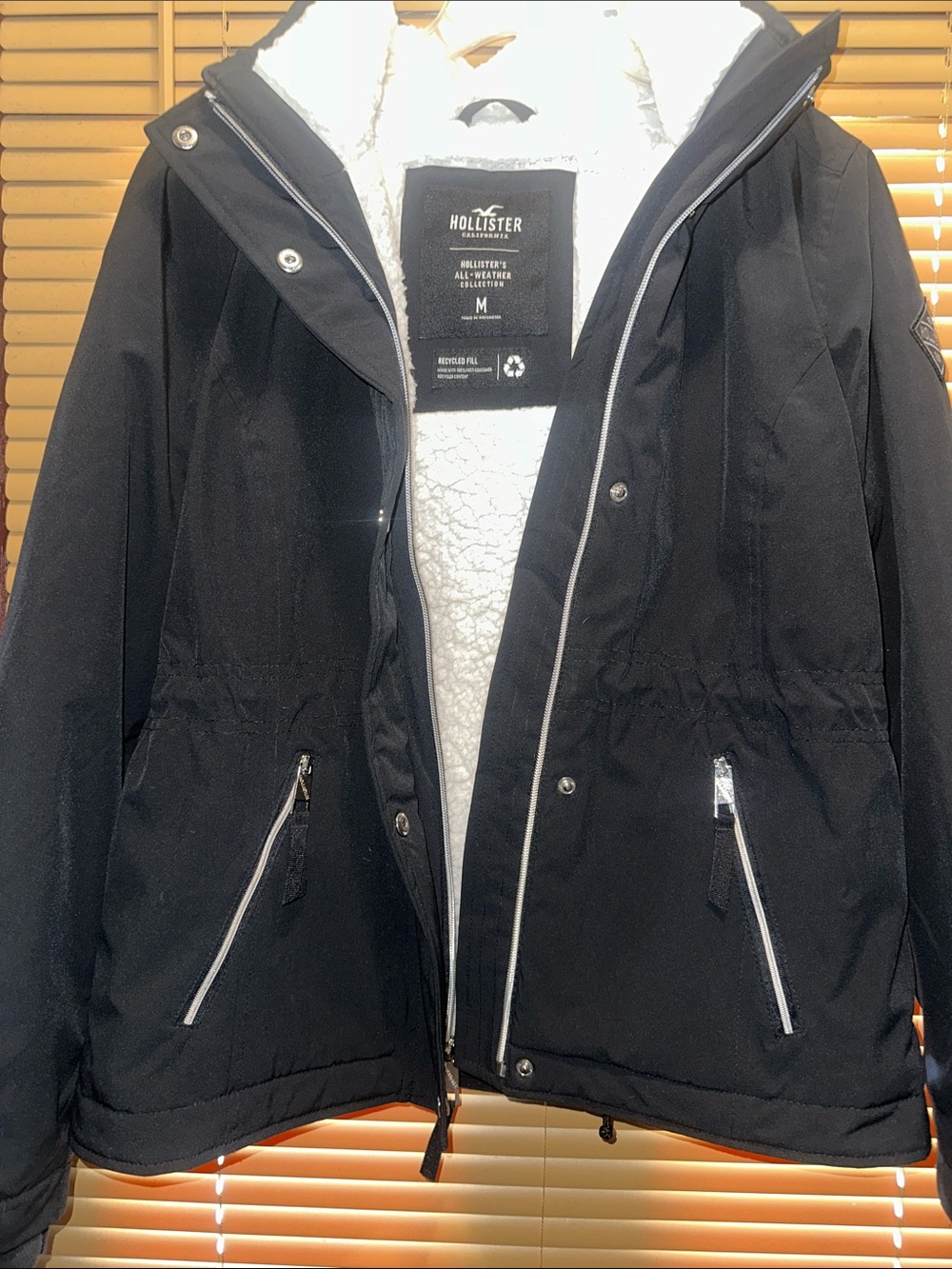 Hollister Black Sherpa-Lined Hooded Ski Jacket with White Lining